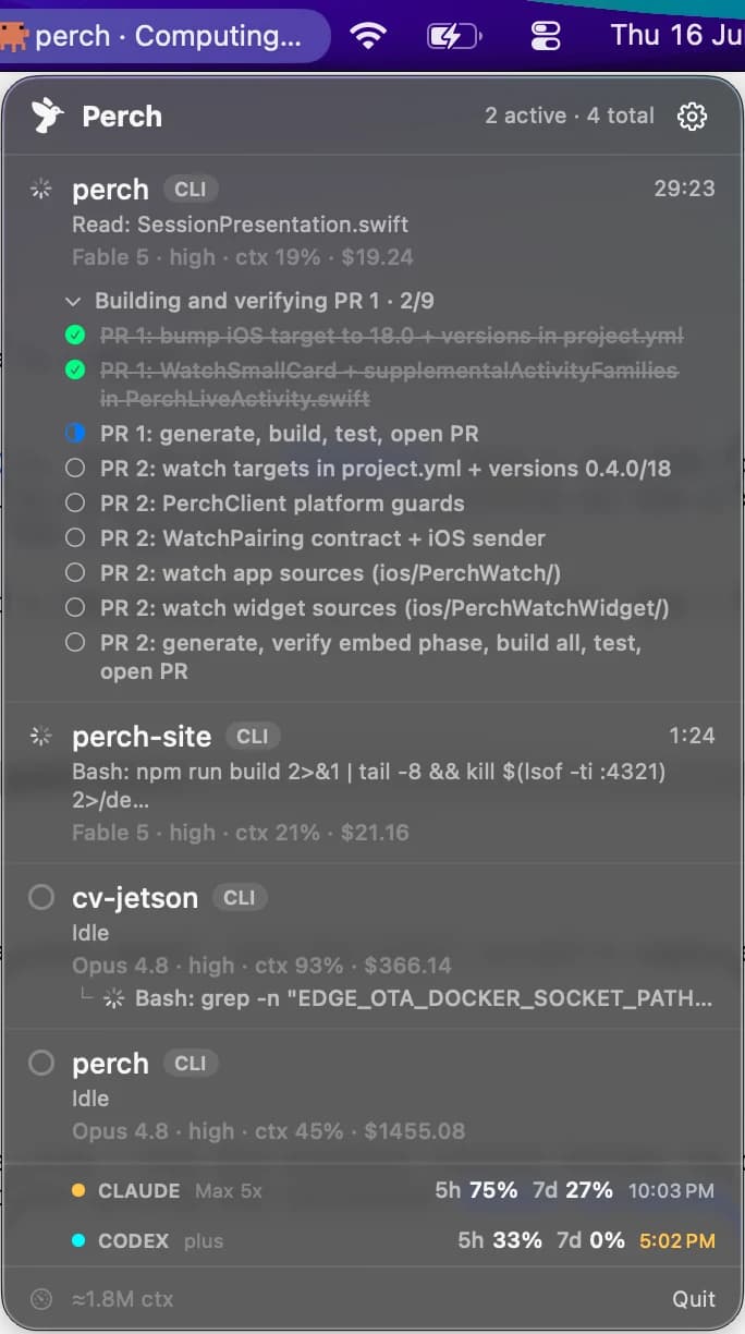 The Perch panel open from the macOS menu bar, showing four agent sessions with live state, model, context window and spend