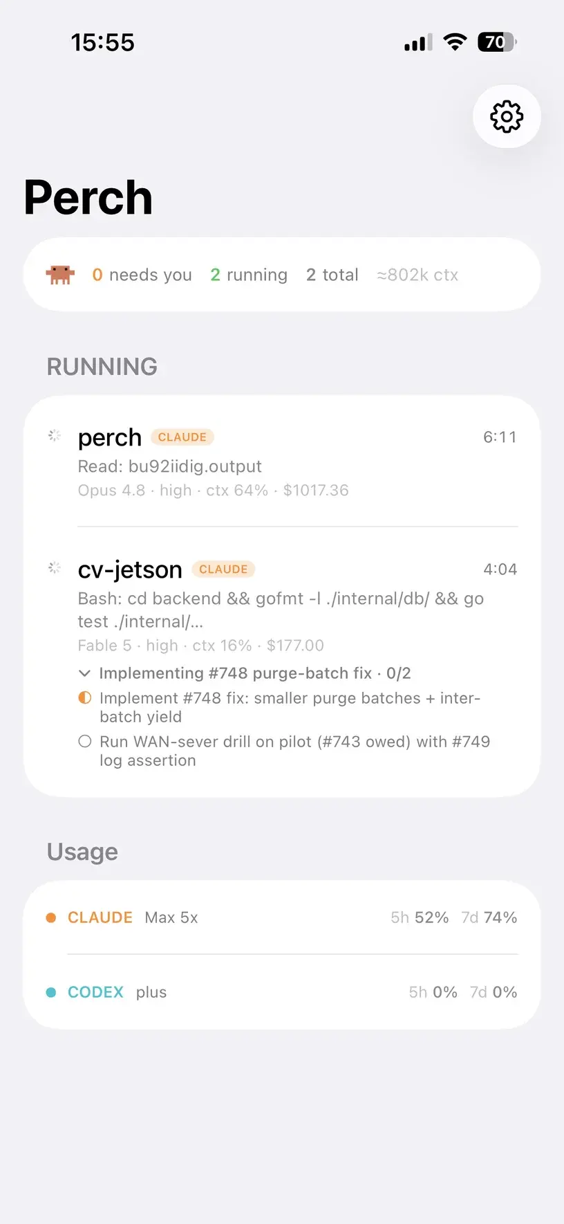 The Perch Companion iPhone app showing two running agent sessions with model, context and cost, plus Claude and Codex usage limits