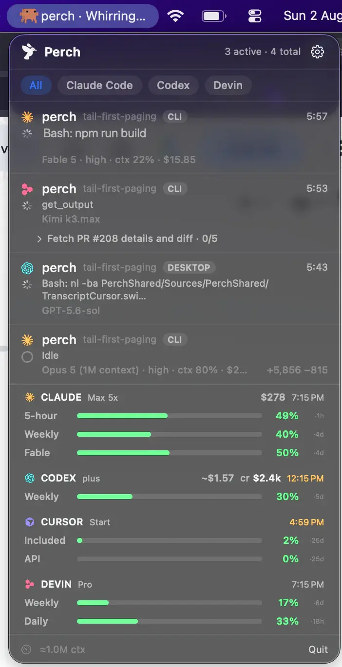 The Perch panel open from the macOS menu bar, showing agent sessions side by side with live state, model, context window and spend